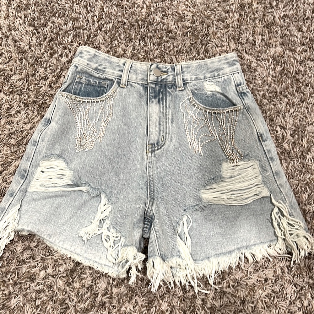 Cider brand denim shorts with pocket jewel fringe